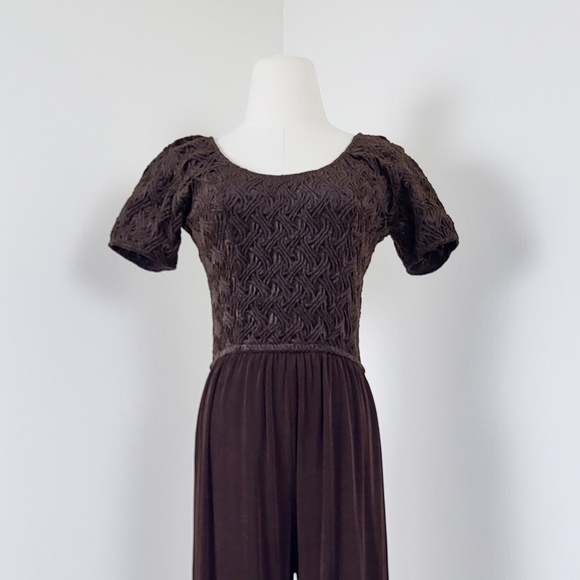 Vintage jumpsuit brown wide leg loose t-shirt bodycon fit flare scoop neckline - Picture 8 of 14